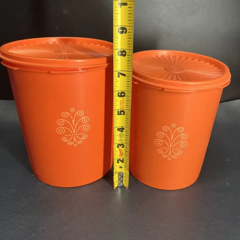 Vtg Harvest Orange Tupperware Servalier Nesting Canisters & Lids 807-7 809-10